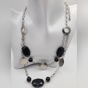 Pop idol onyx beaded and silver medallion layer‎ necklace N0315